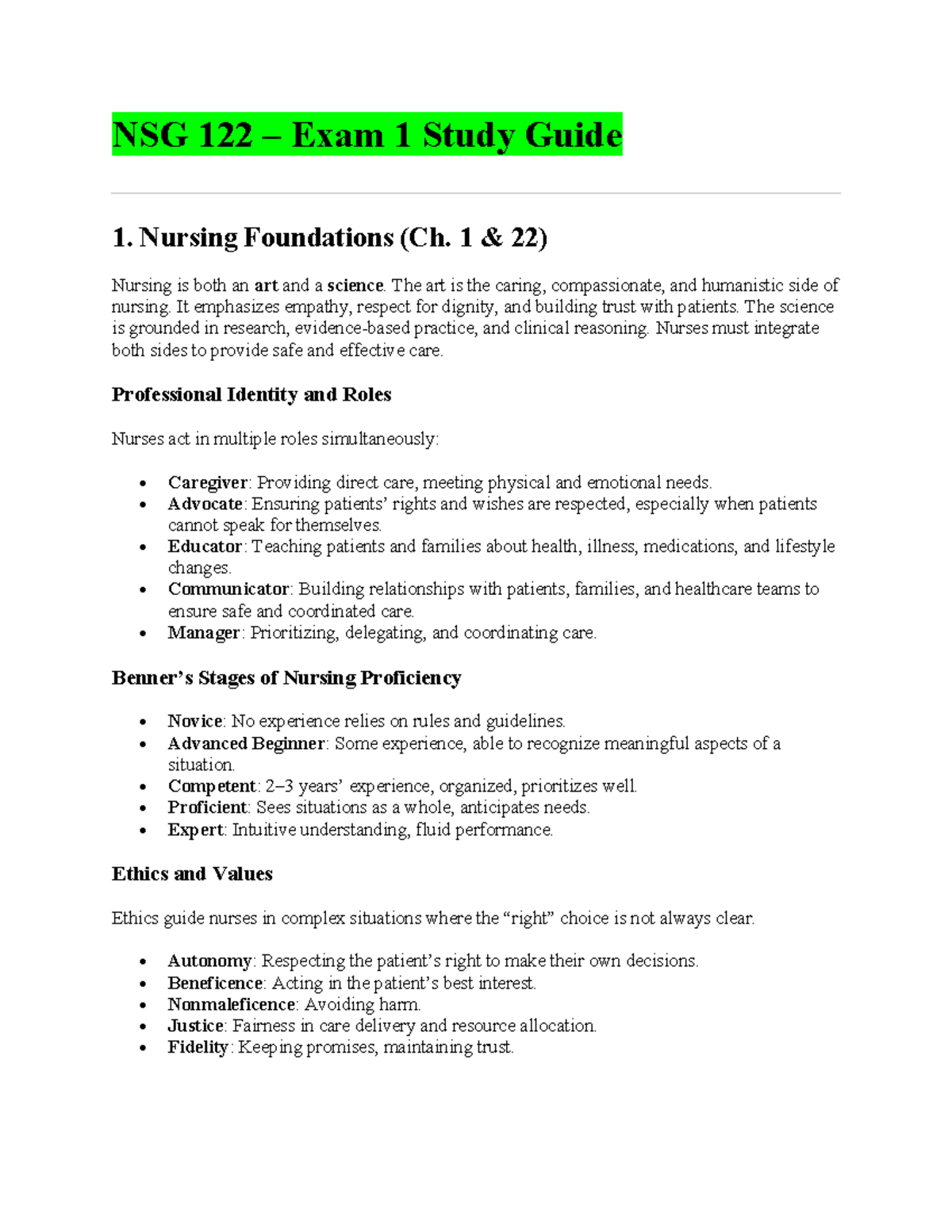 NSG 122 Exam 1 Study Guide: Nursing Foundations & Practice Insights ...