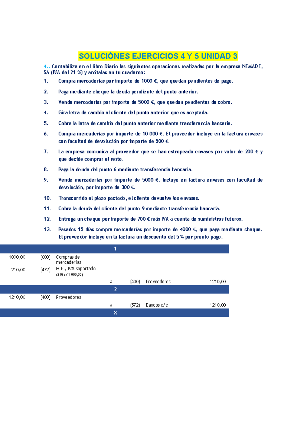 Soluciones Ejercicios 4 y 5 - Unidad 3 de Contabilidad - Studocu