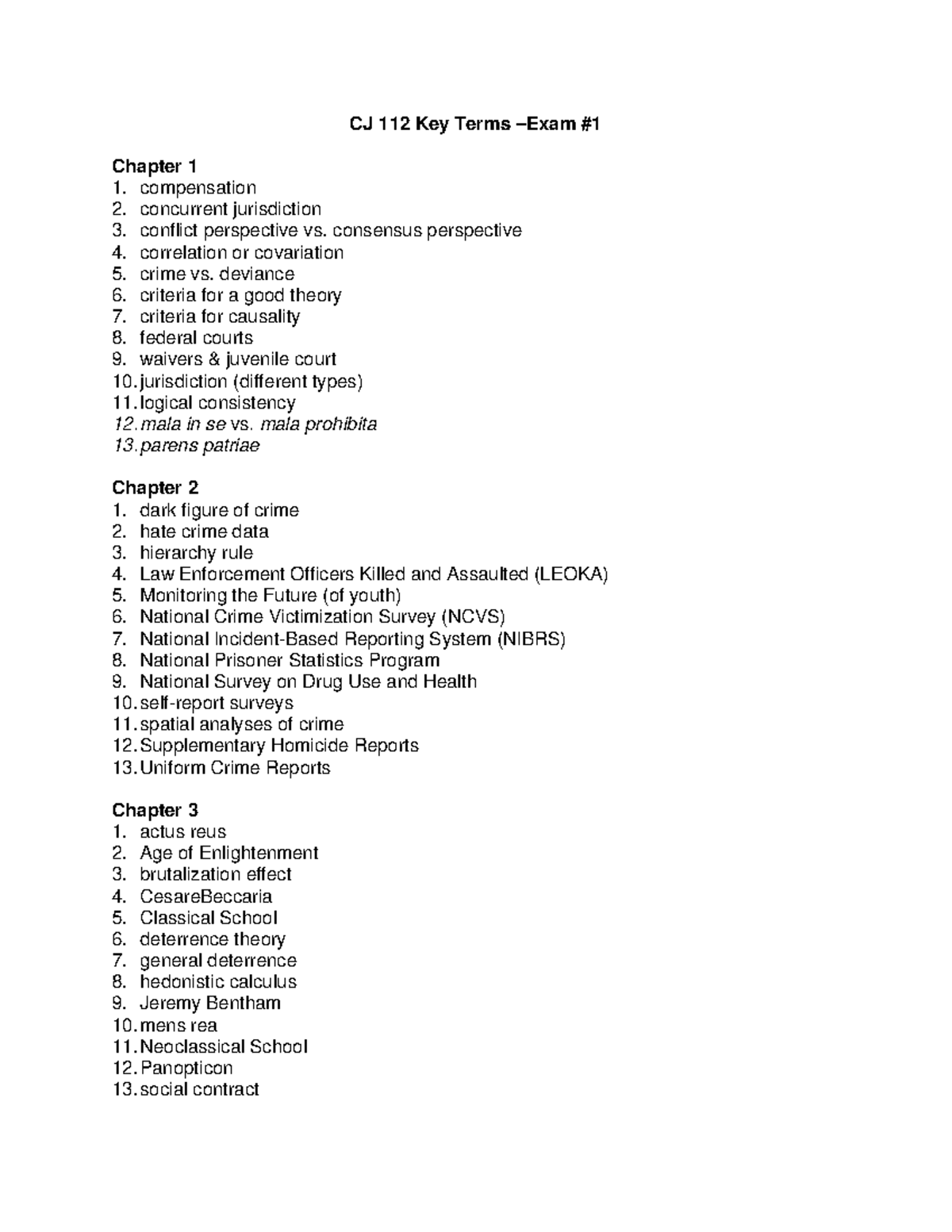 CJ 112 Key Terms - Exam Study Notes for Chapters 1-3 - Studocu