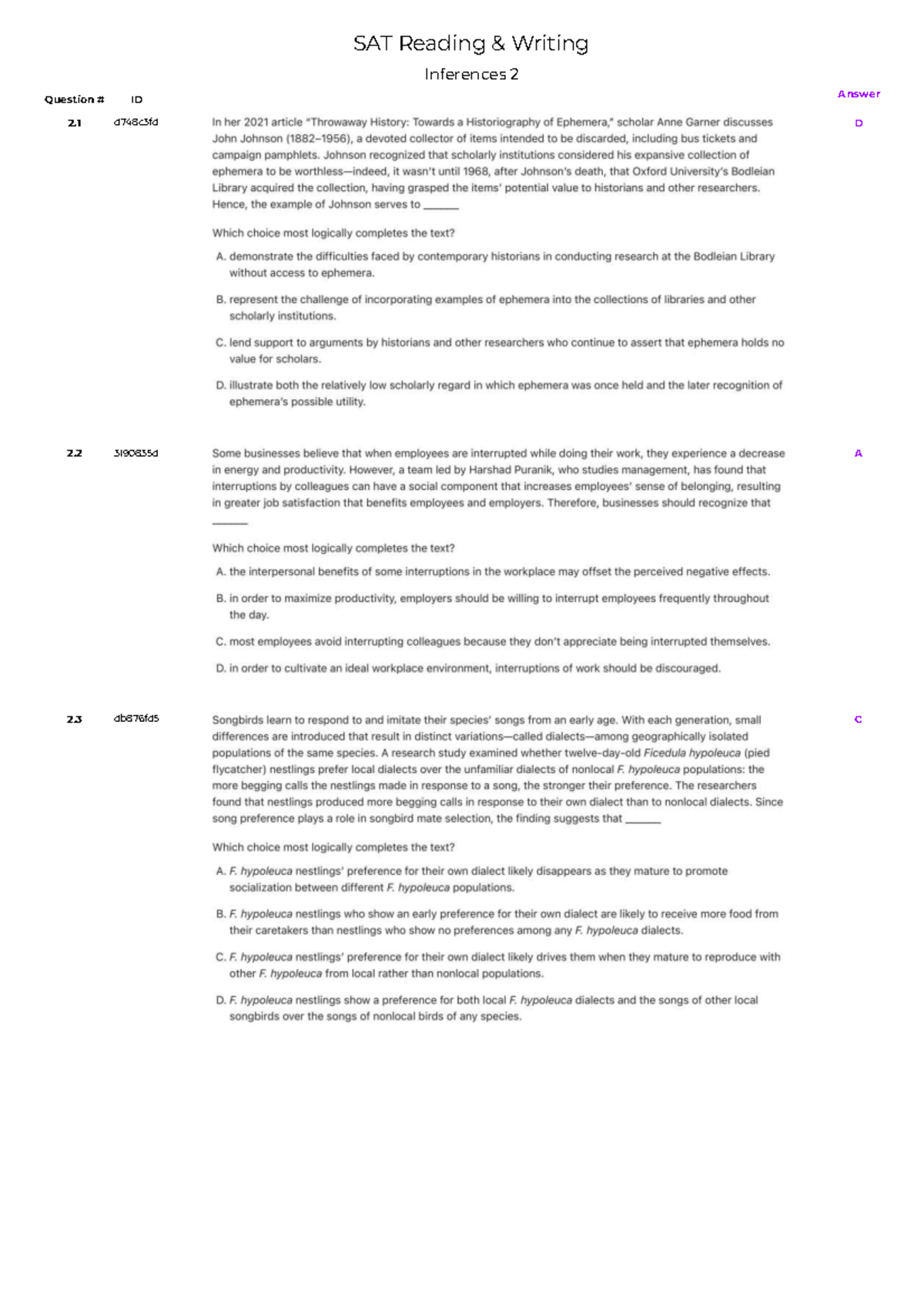 Inferences 2 Key - SAT Reading & Writing Answers - Studocu