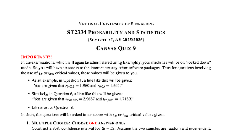 ST2334 Probability & Statistics: Canvas Quiz 09 Answer Key - Studocu