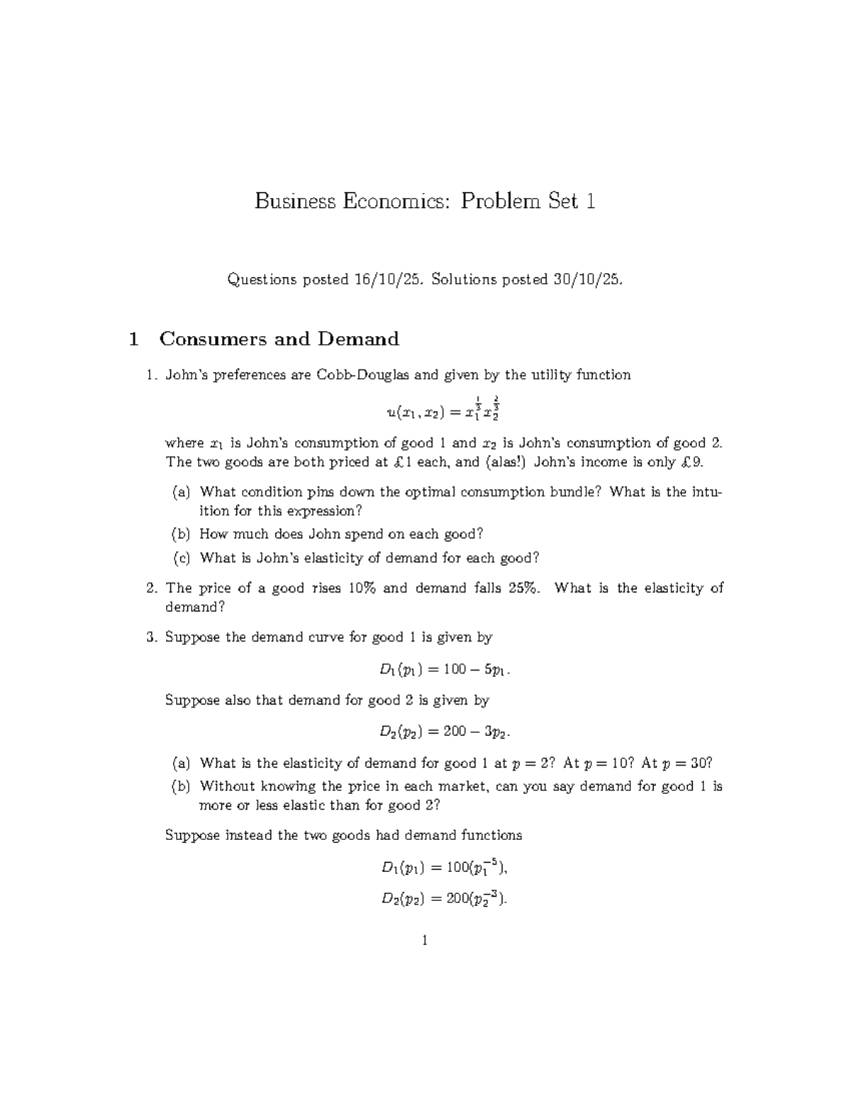 Business Economics: Problem Set 1 Solutions and Analysis - Studocu