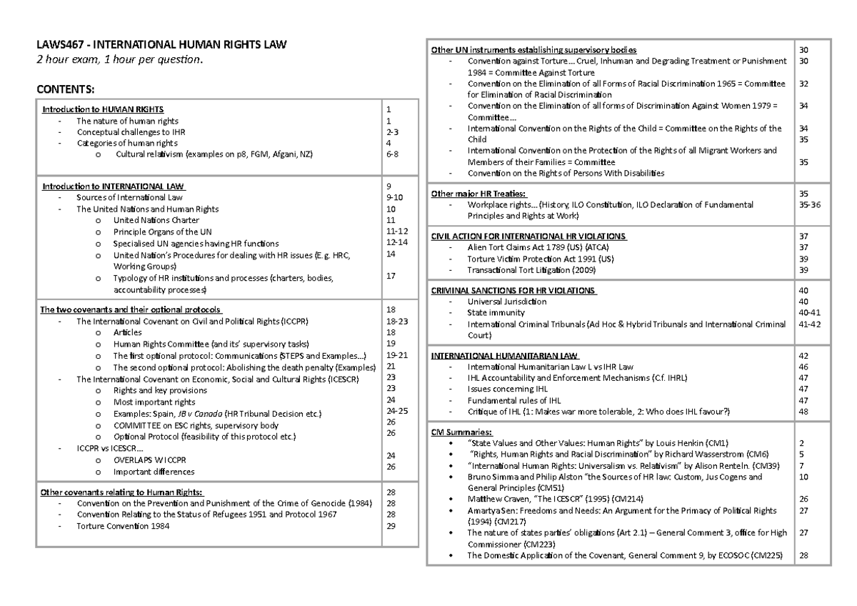 LAWS467 - Contents for International Human Rights Law Notes - Studocu