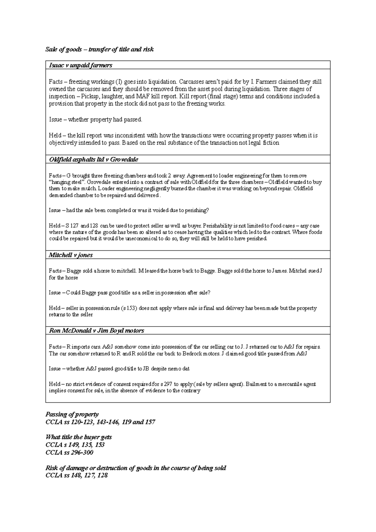 Sale of Goods: Transfer of Title and Risk - Property Law Insights - Studocu