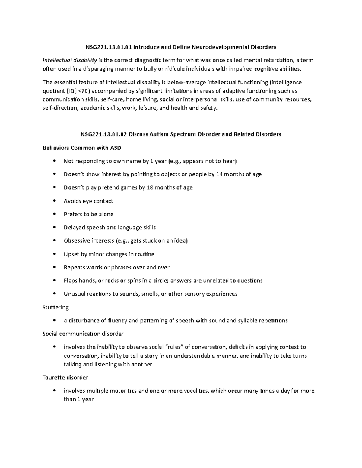 NSG221 Module 13 - Neurodevelopmental and Cognitive Disorders Notes ...