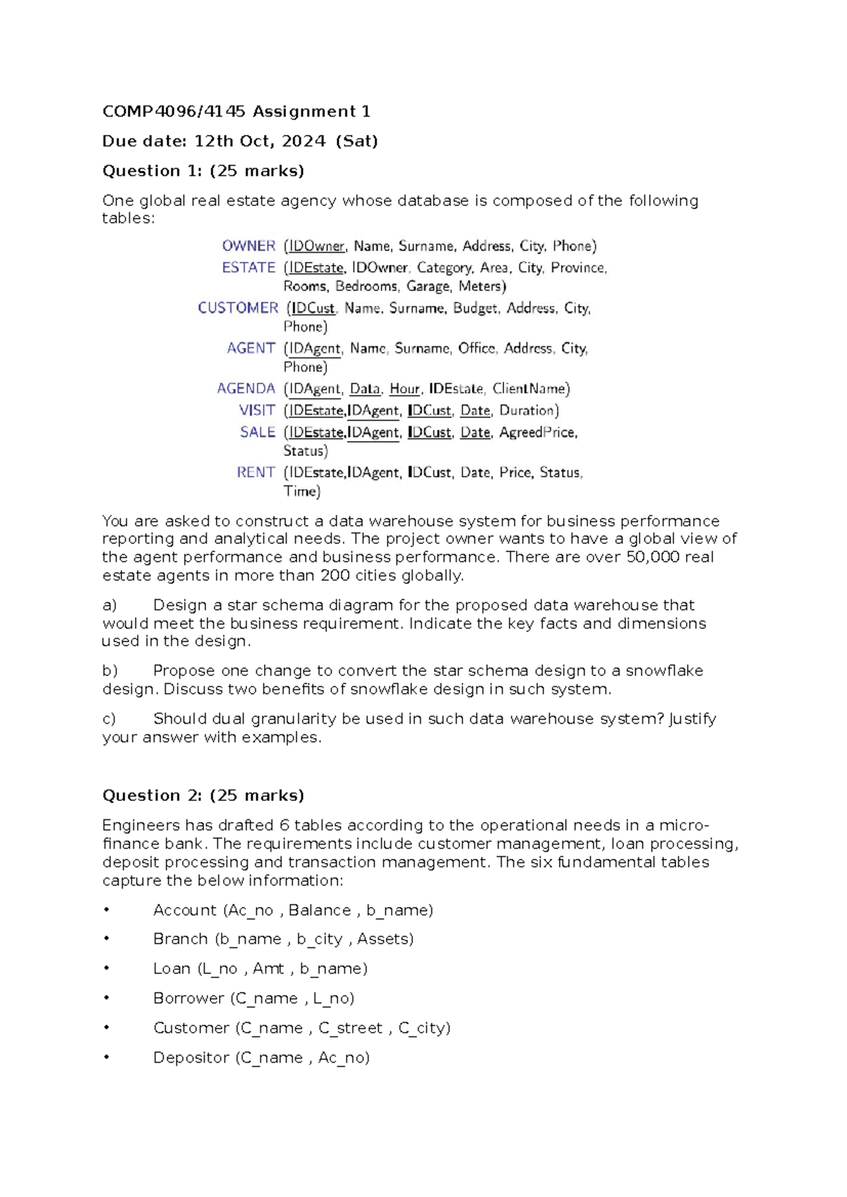 COMP4096+4145 Assignment 1: Data Warehouse Design & Tech Overview - Studocu