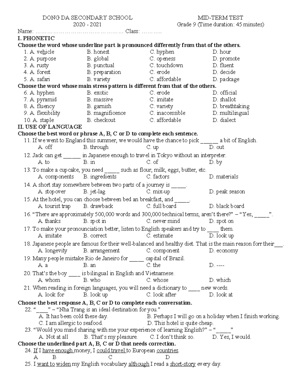 DONG DA Secondary School Grade 9 English Test 2020-2021 - Studocu