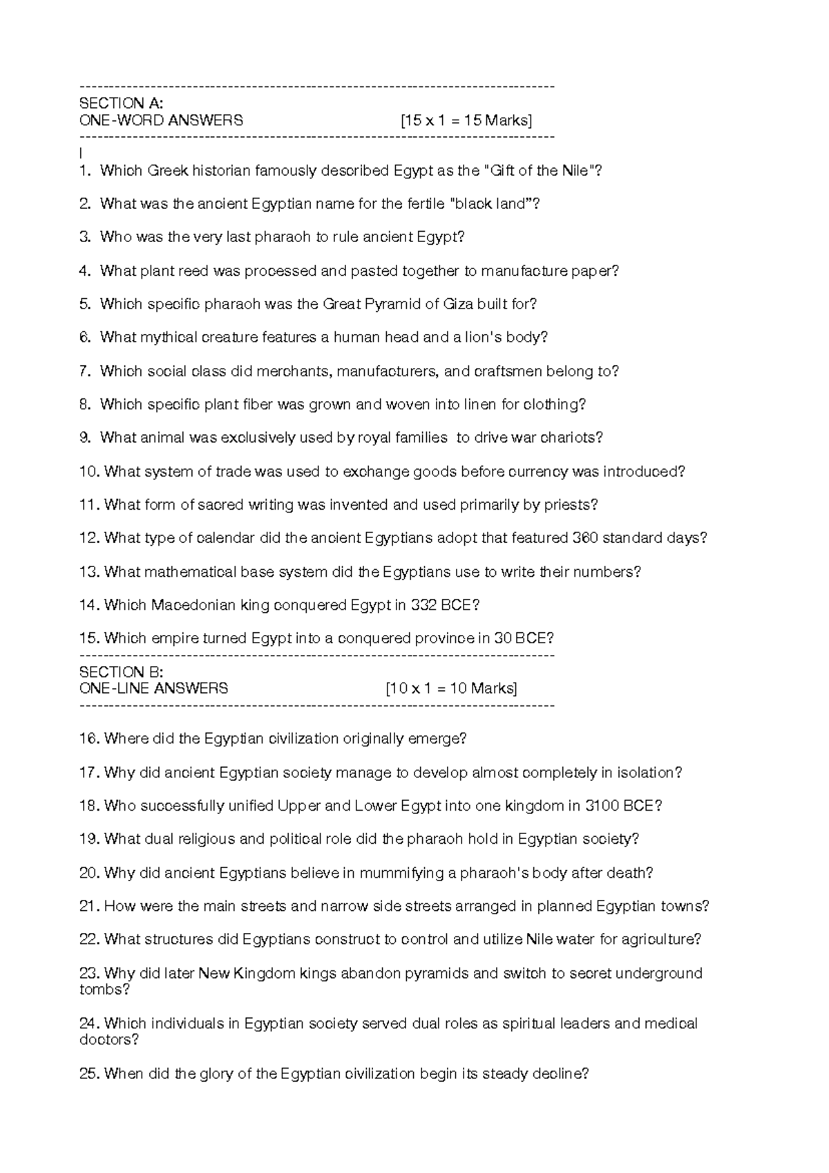 Egyptian Civilization Quiz Answers (Course Code: A) - Studocu