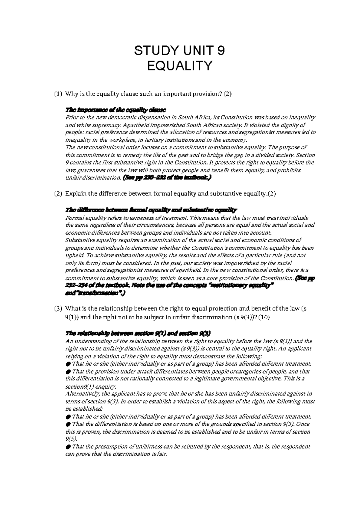 Unit 9 Study Notes: Understanding Equality in South African Law - Studocu