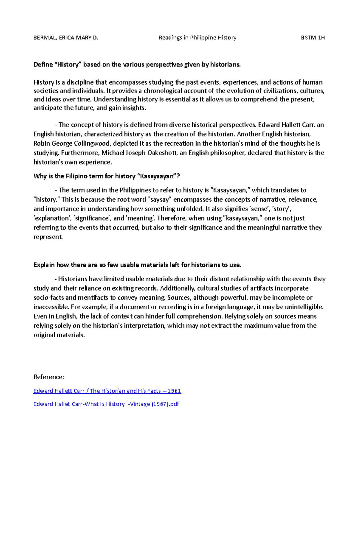 Quiz 1: Defining History and Its Significance in RPH - Studocu