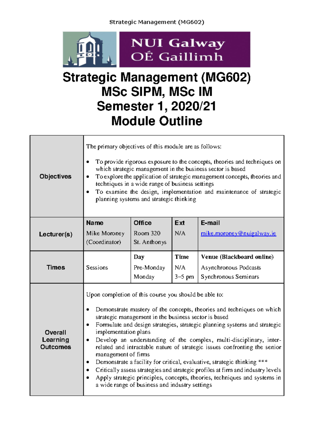 MG602 Strategic Management Module Outline and Learning Guide - Studocu