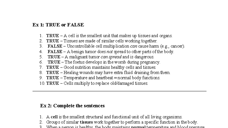 Biology 101: True or False & Sentence Completion Exercises - Studocu