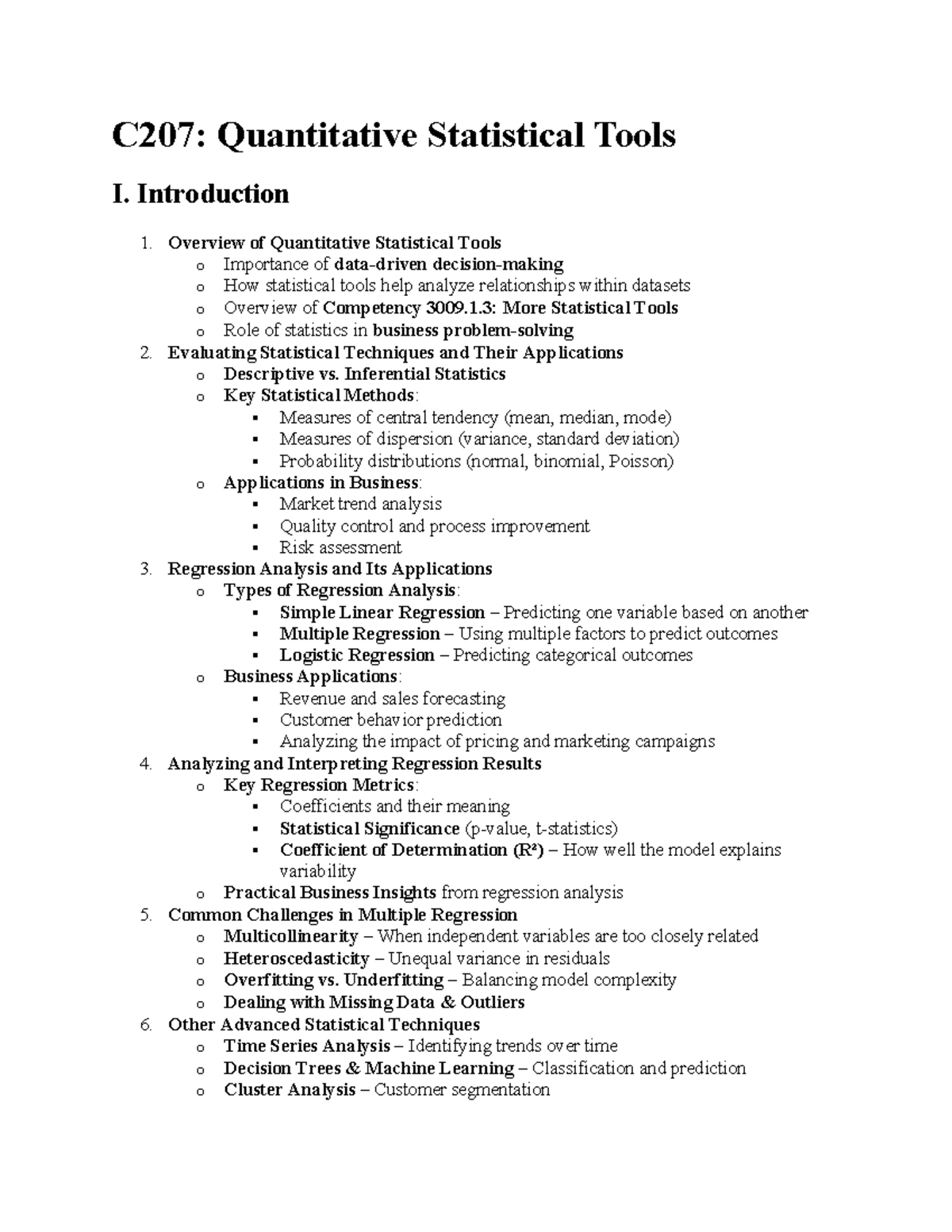 C207: Final Exam Study Guide for Quantitative Statistical Tools I - Studocu