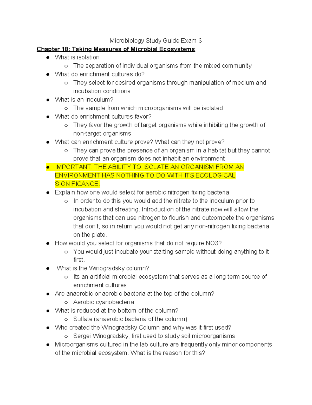 Microbiology Exam 3 Study Guide: Microbial Ecosystems and Processes ...
