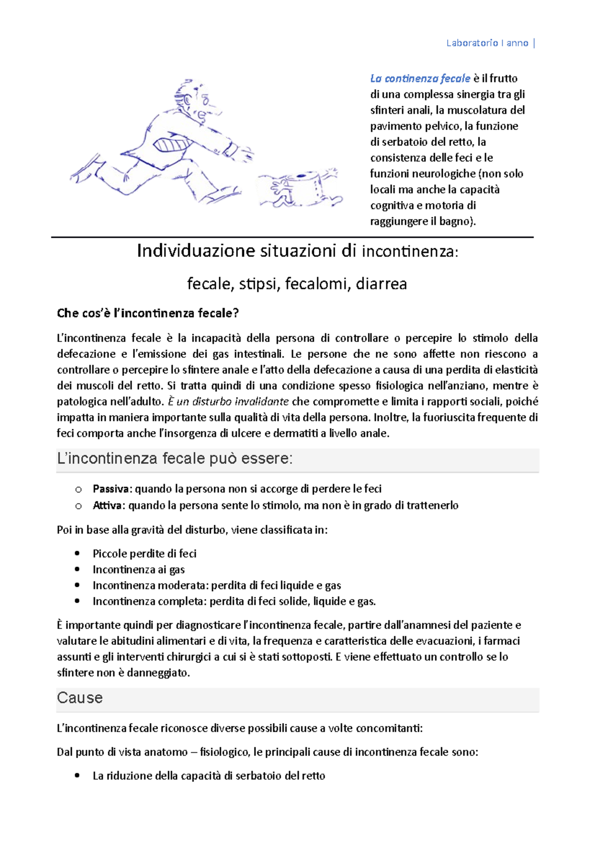 Laboratorio I anno: Incontinenza Fecale, Stipsi e Diarrea Approfondimenti