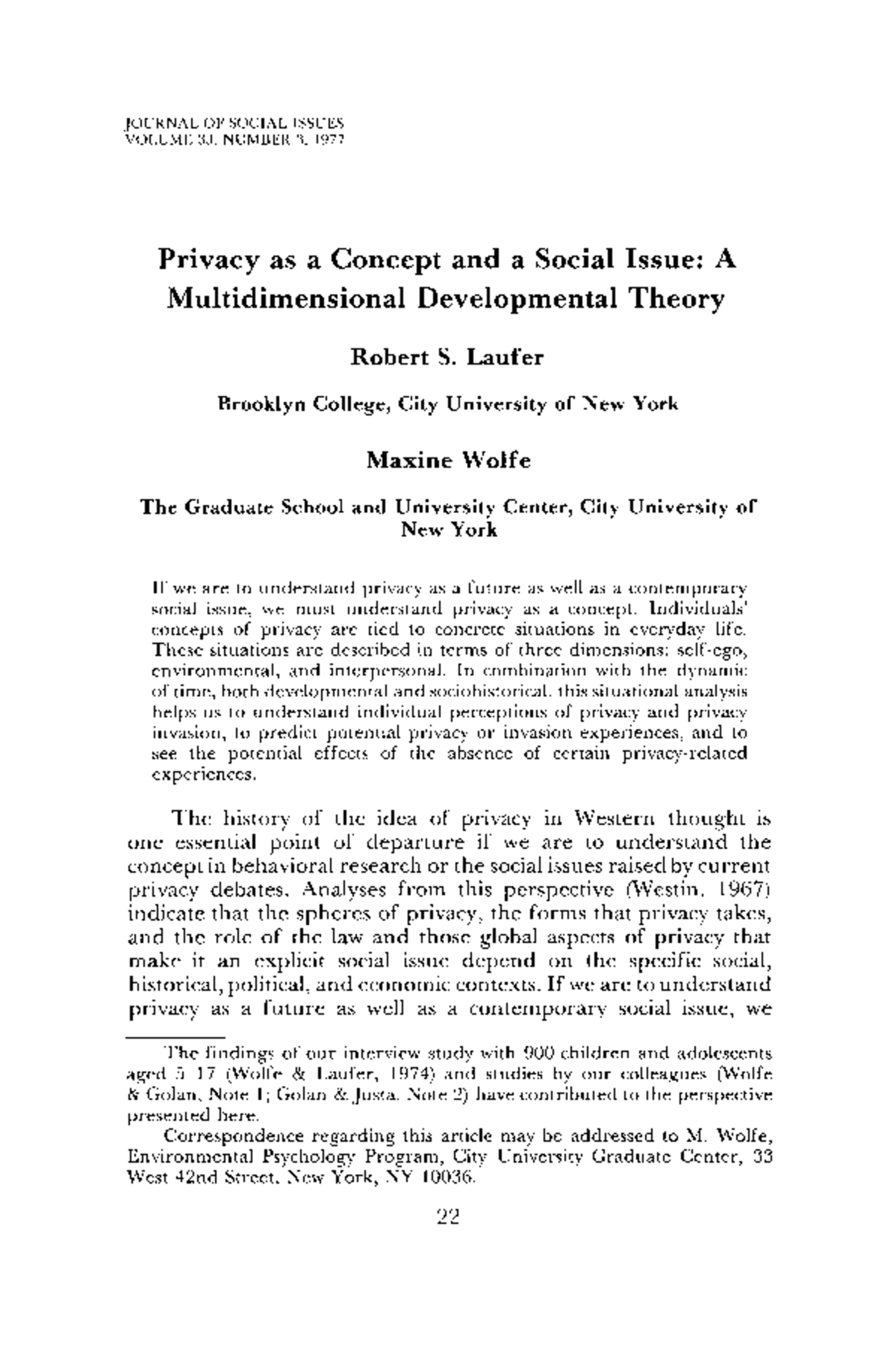 Privacy as a Social Issue: A Multidimensional Theory (Laufer 1977 ...