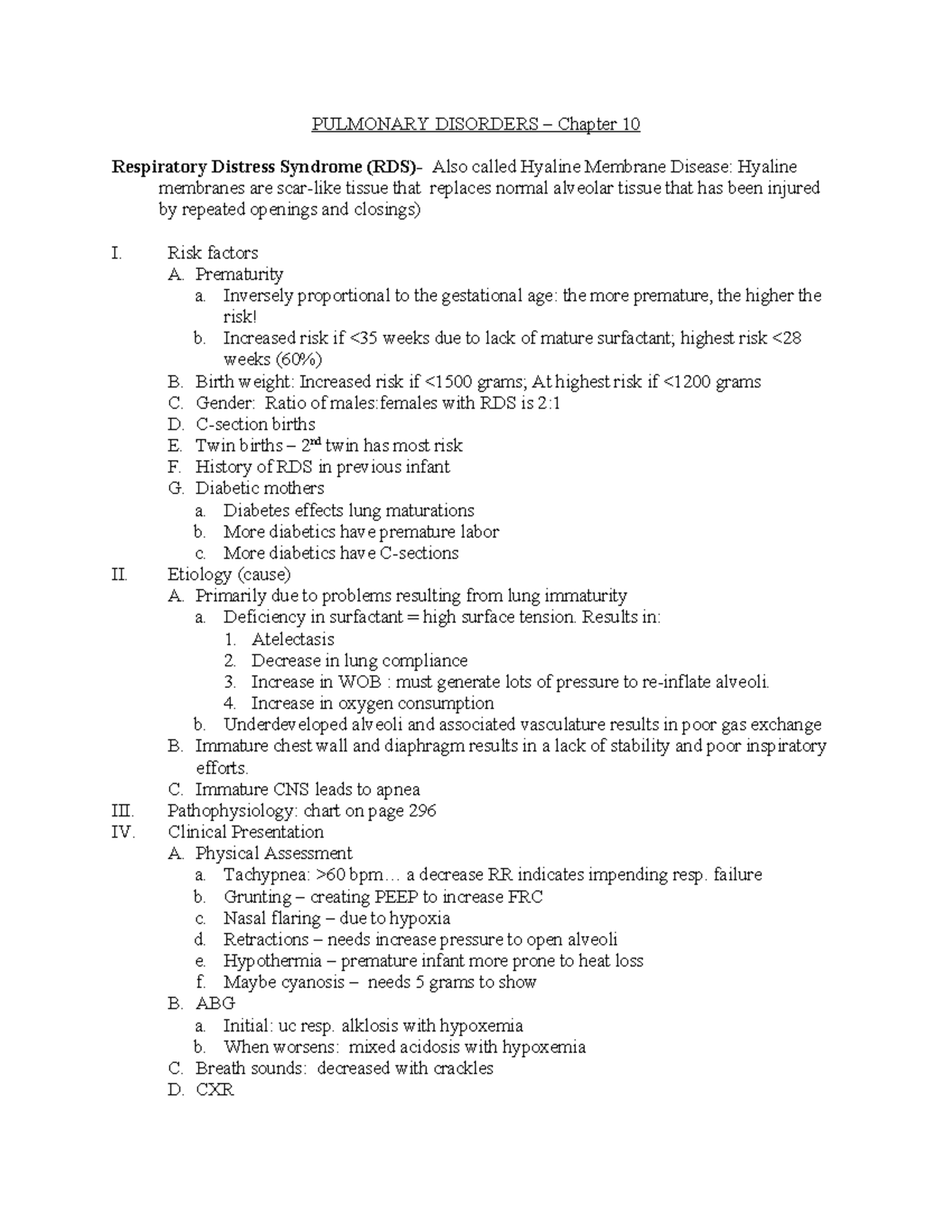 Pulmonary Disorders in Neonates: RDS, TTN, BPD, and Apnea Notes (MED ...