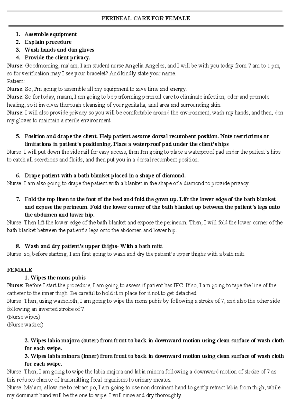 Perineal Care Nursing Procedure Script: Ret Dem Guidelines - Studocu