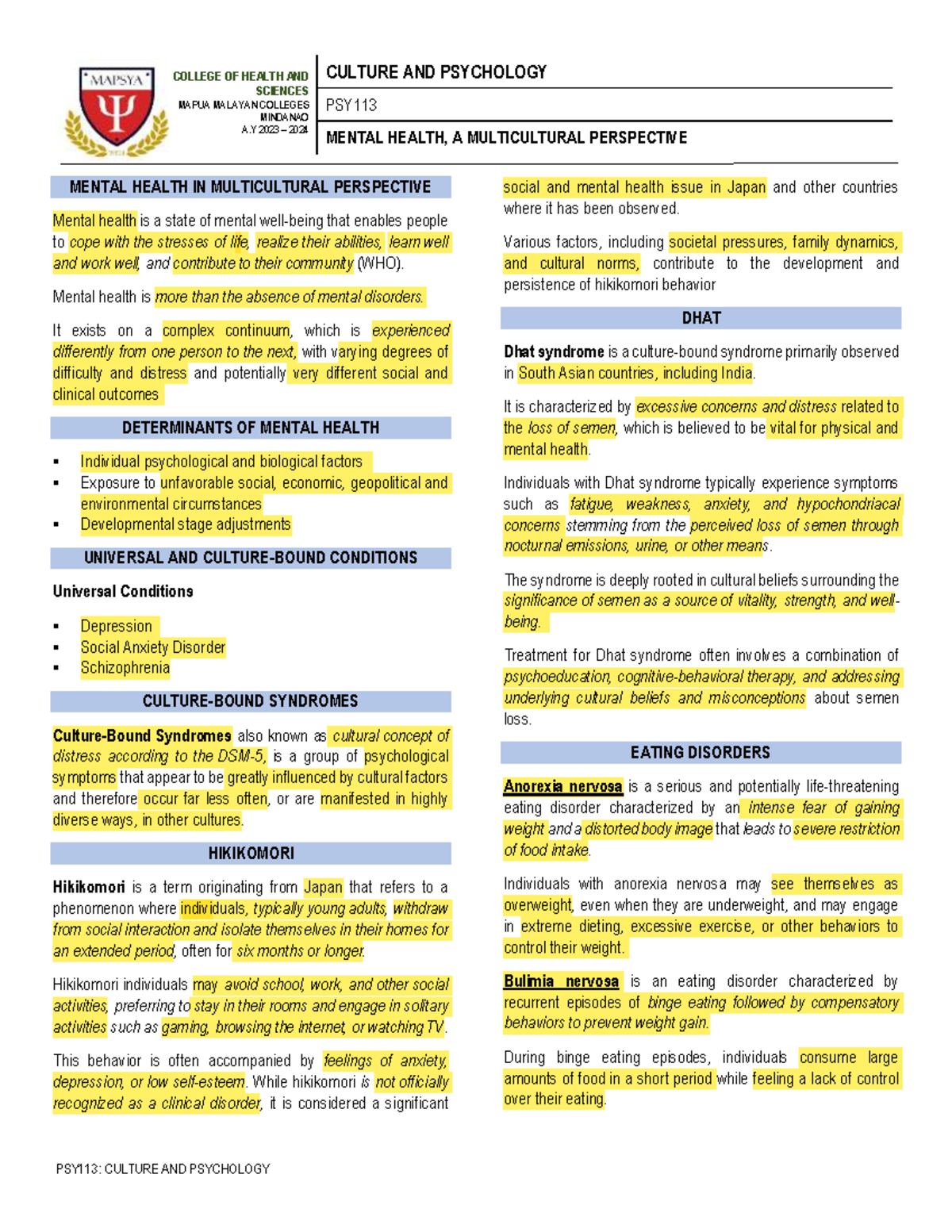 PSY113: CULTURE AND PSYCHOLOGY - MENTAL HEALTH IN MULTICULTURAL ...