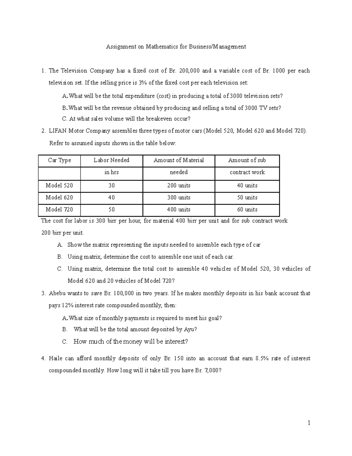 Math assignment - Assignment on Mathematics for Business/Management The ...