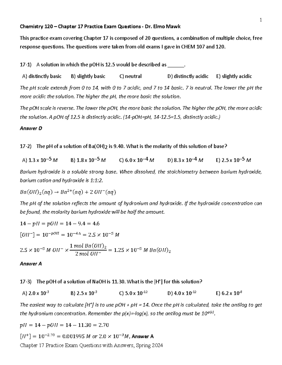 Chemistry 120 - Chapter 17 Practice Exam Questions &amp; Answers - Studocu