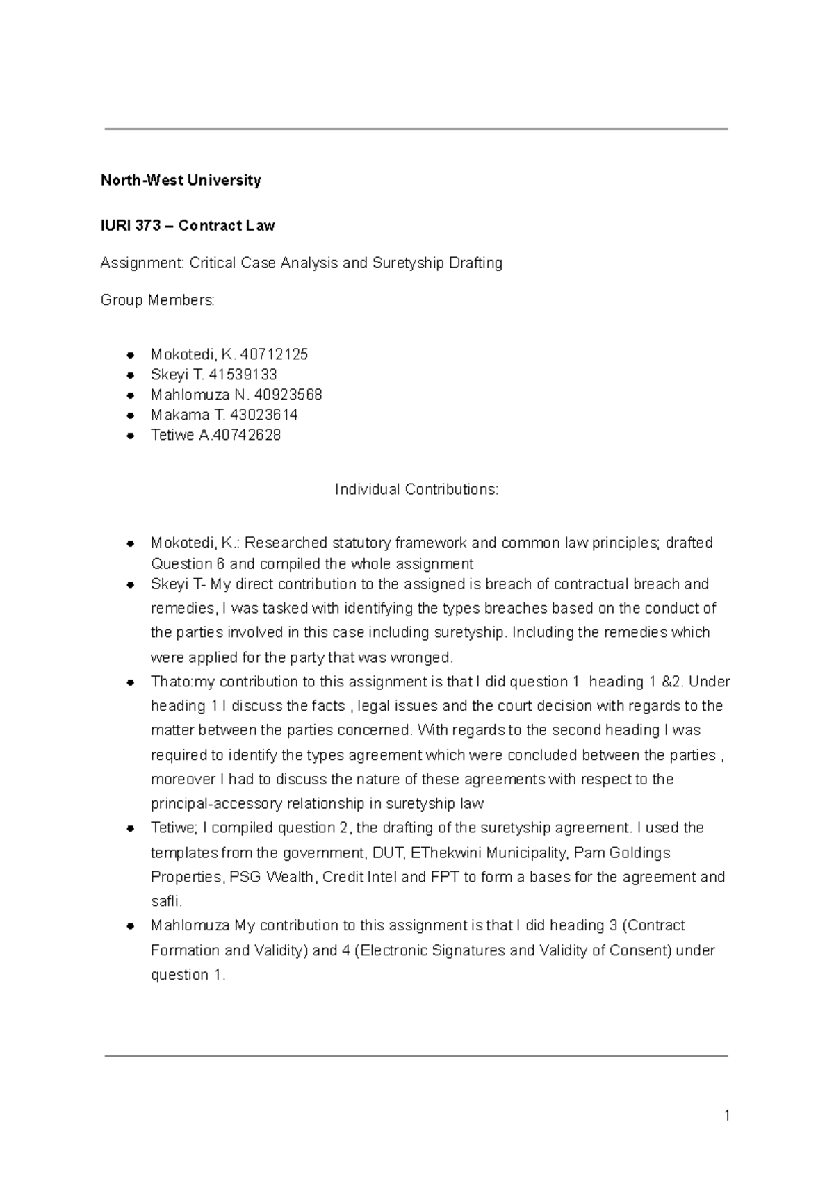IURI 373 Contract Law Assignment: Case Analysis & Suretyship Drafting ...