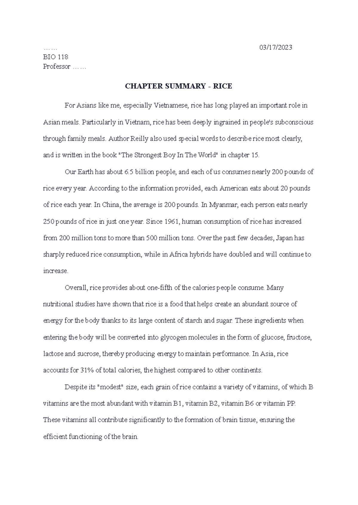 BIO 118 Chapter Review: The Importance and Uses of Rice - Studocu