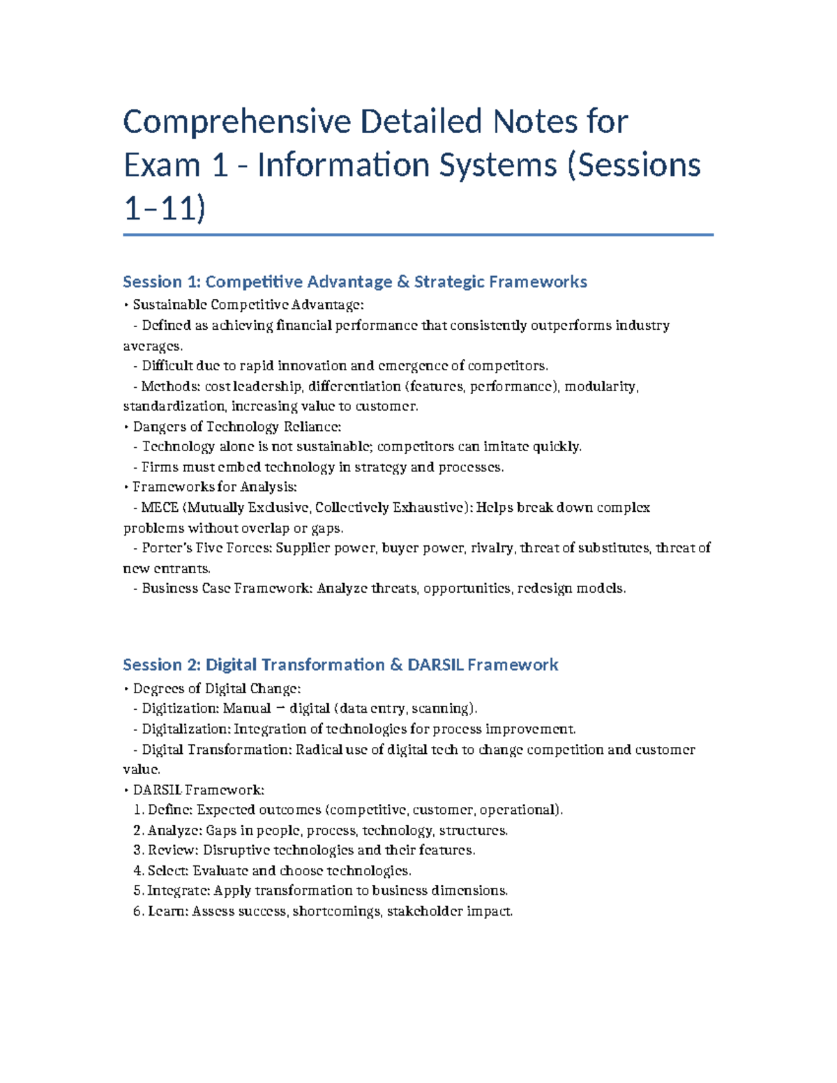 Comprehensive Notes for IS Exam 1: Sessions 1-11 Overview - Studocu