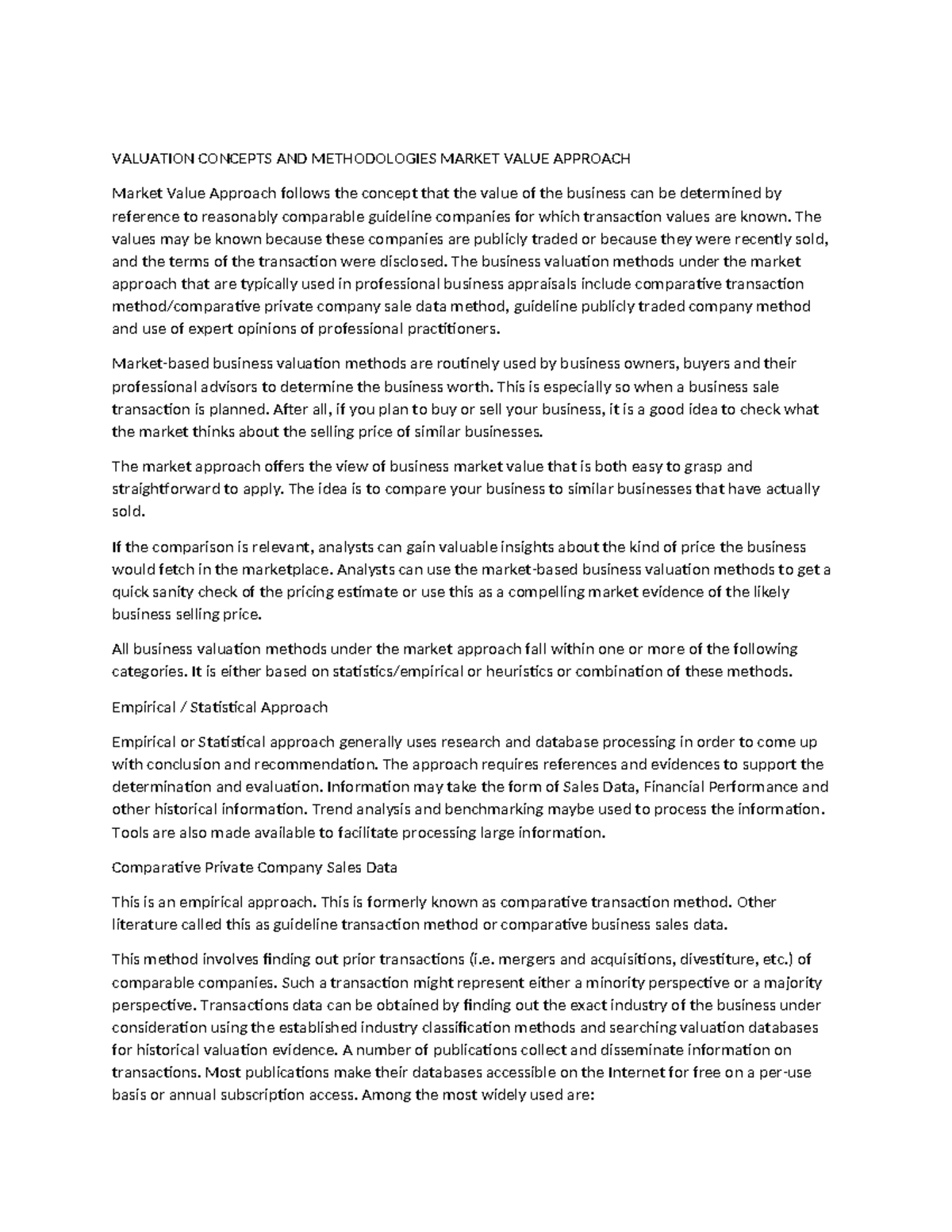 Valuation Concepts & Methodologies: Market Value Approach Overview ...