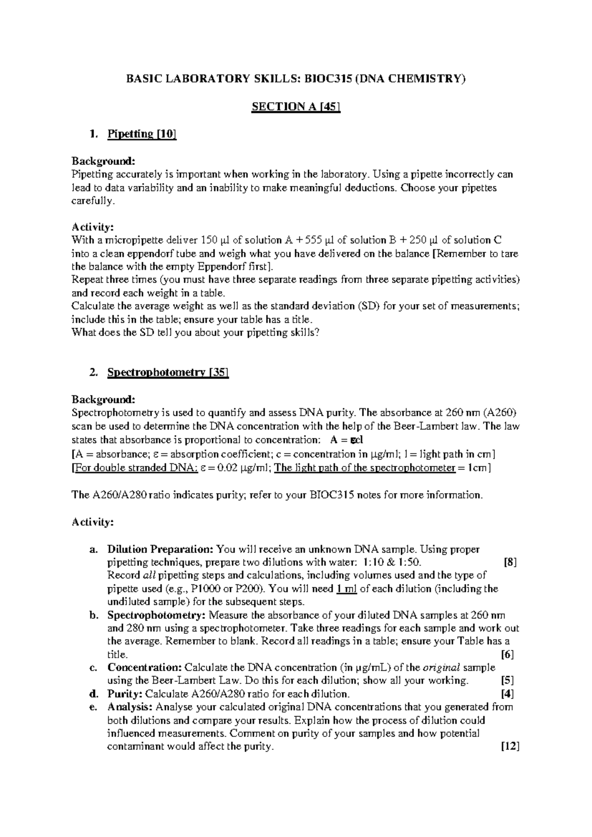 BIOC315 Prac 1 Lab Skills 2025 - BASIC LABORATORY SKILLS: BIOC315 (DNA ...
