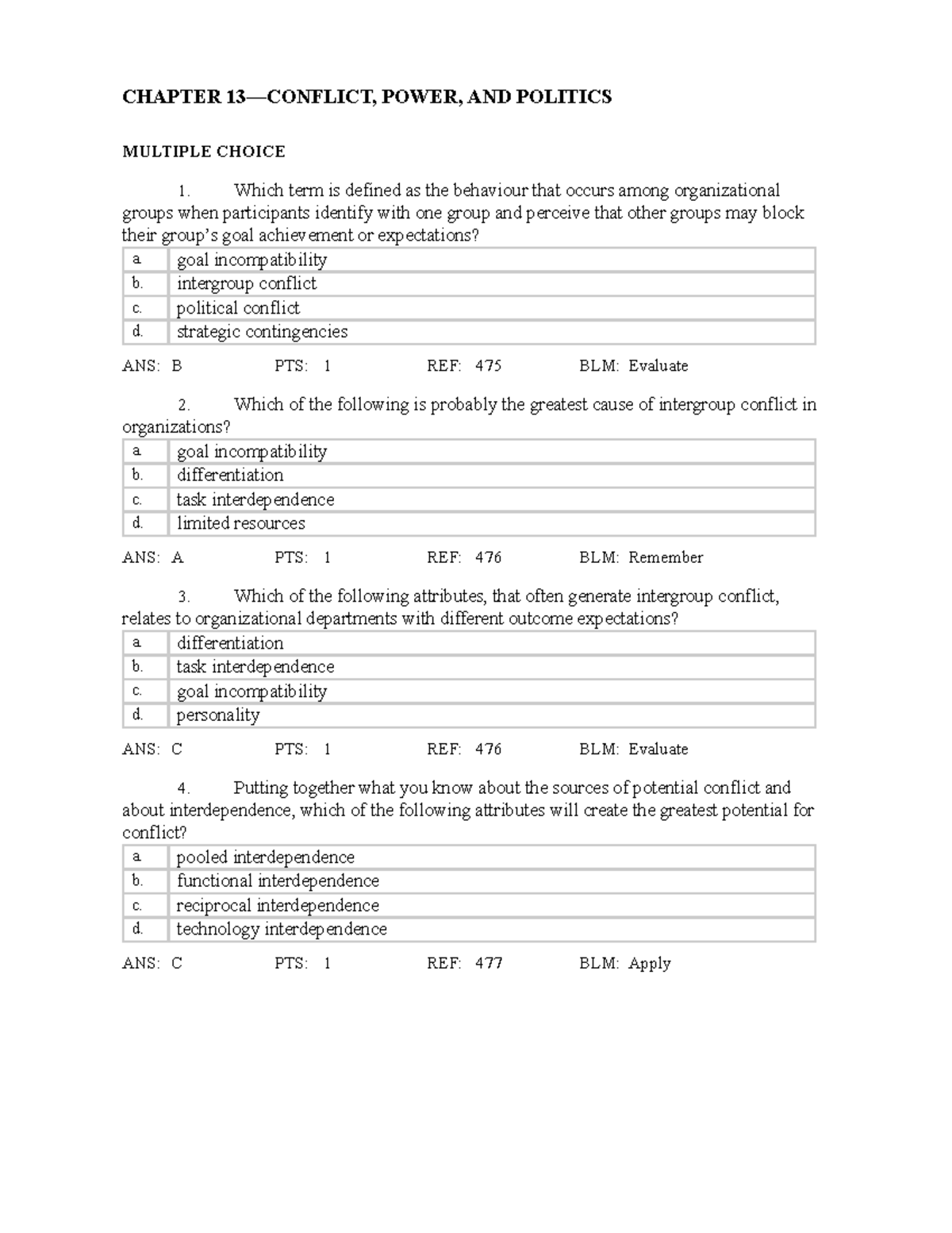 MCQ Chapter 13 - Conflict, Power, and Politics Practice Test - Studocu