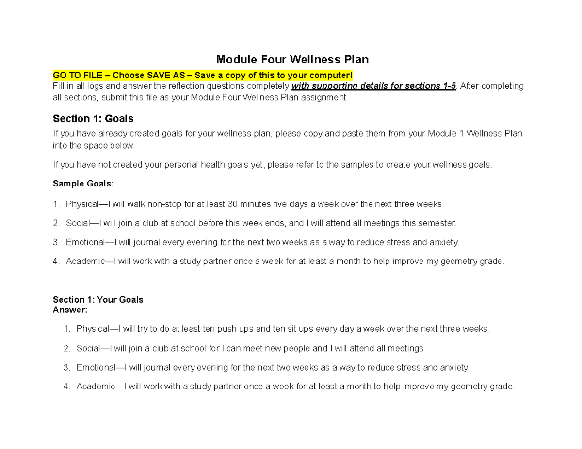 Module four wellness plan - Module Four Wellness Plan GO TO FILE ...