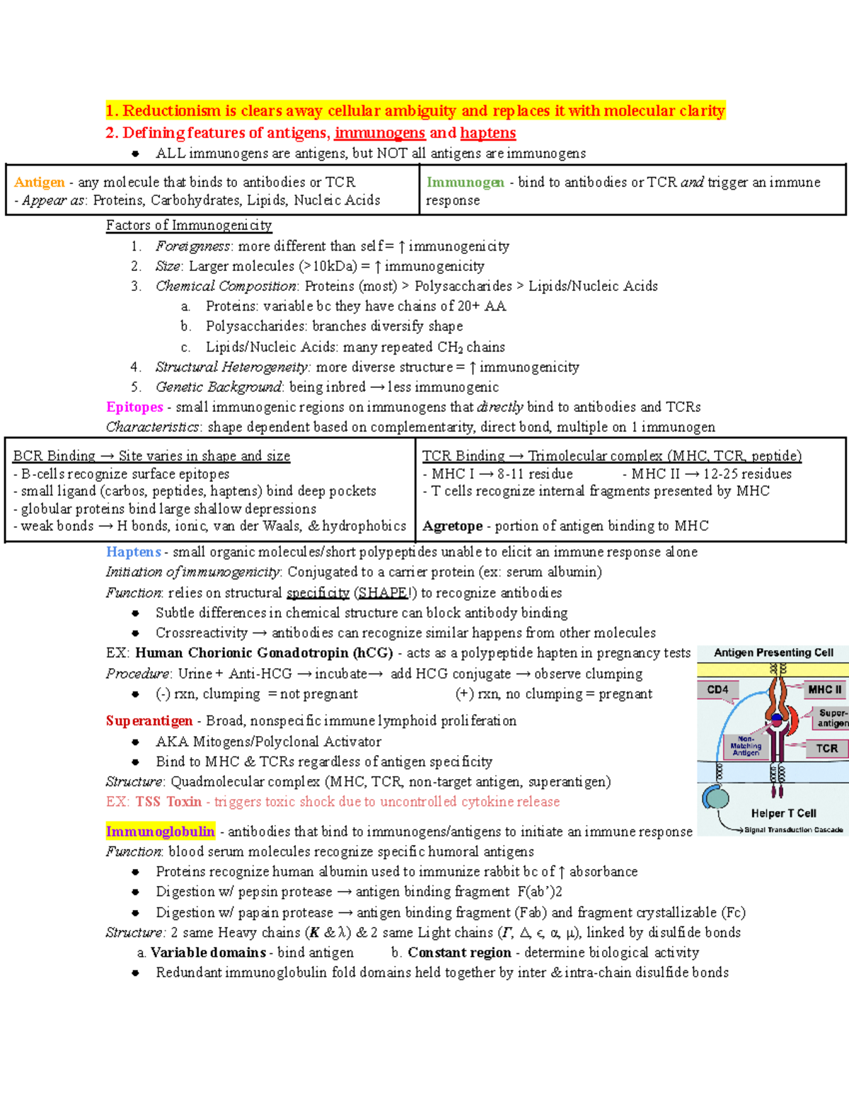 Biology Immunology Exam 2 Study Notes: Key Concepts and Mechanisms - 1 ...
