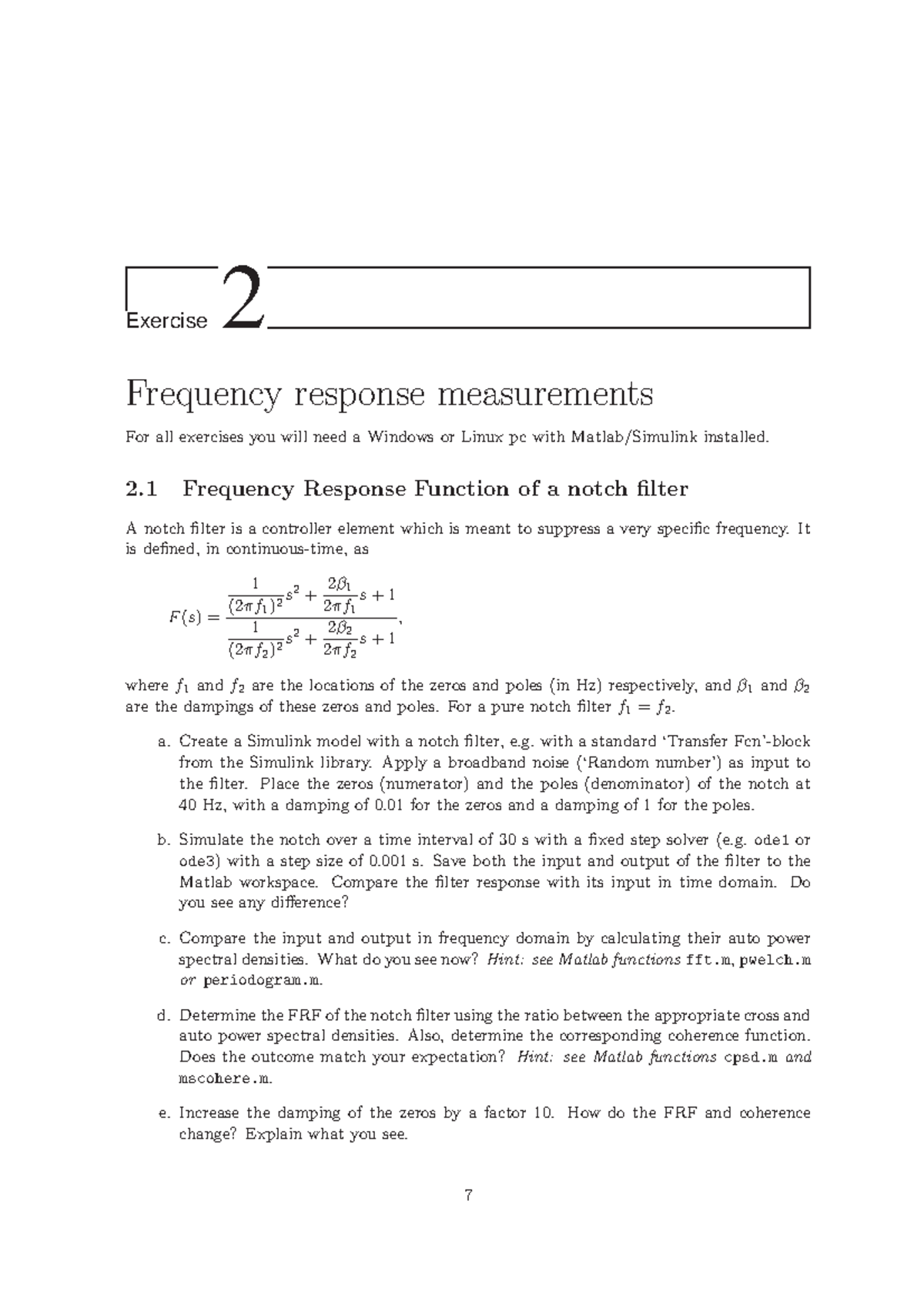 Matlab/Simulink Exercises 2 - Frequency Response Measurement Methods ...