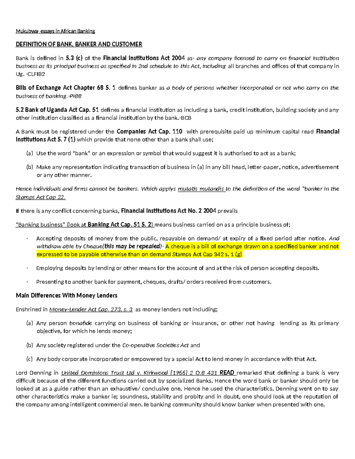 Banking Summary: Key Definitions and Banker-Customer Relationships ...