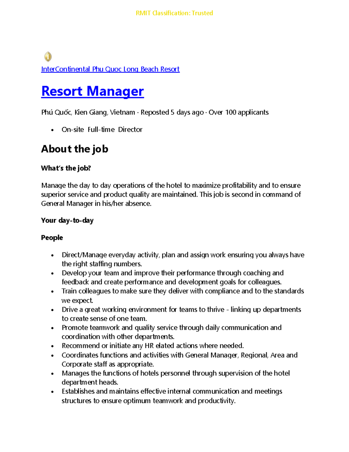 Resort Manager Job Description at InterContinental Phu Quoc Resort ...