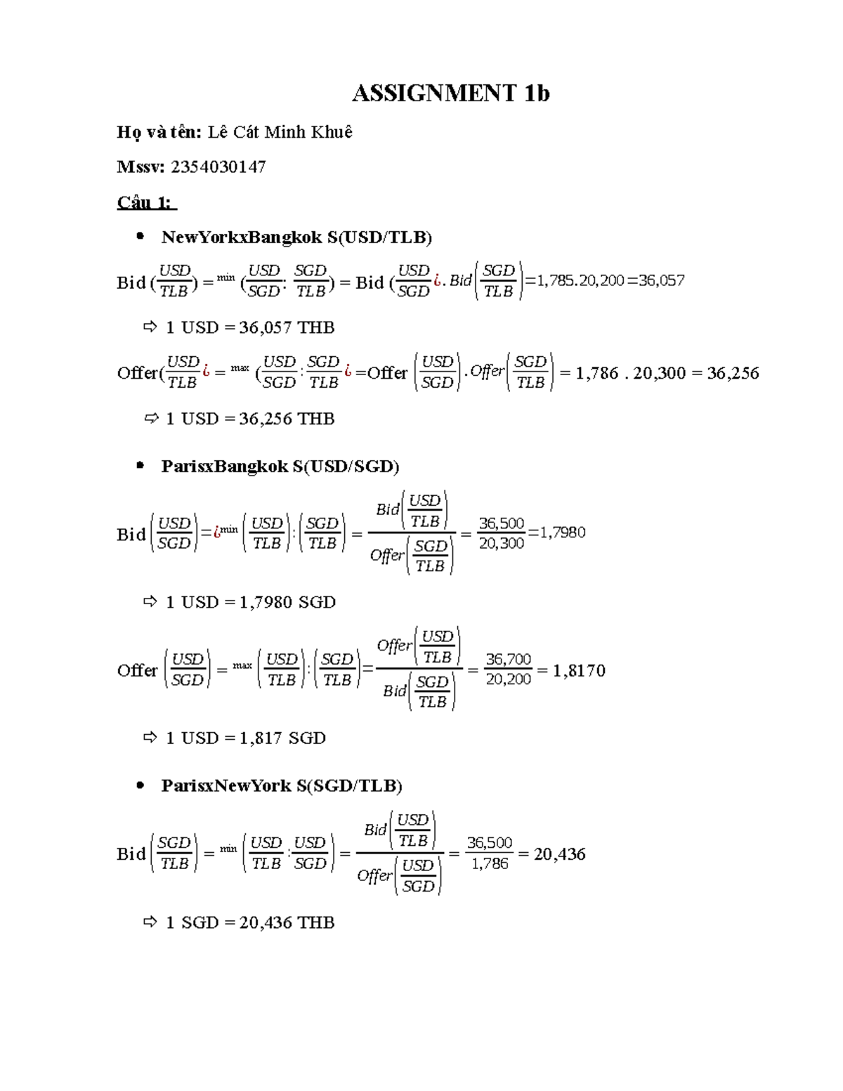 Assignment 1b: Currency Exchange Analysis and Calculations TCQT - Studocu