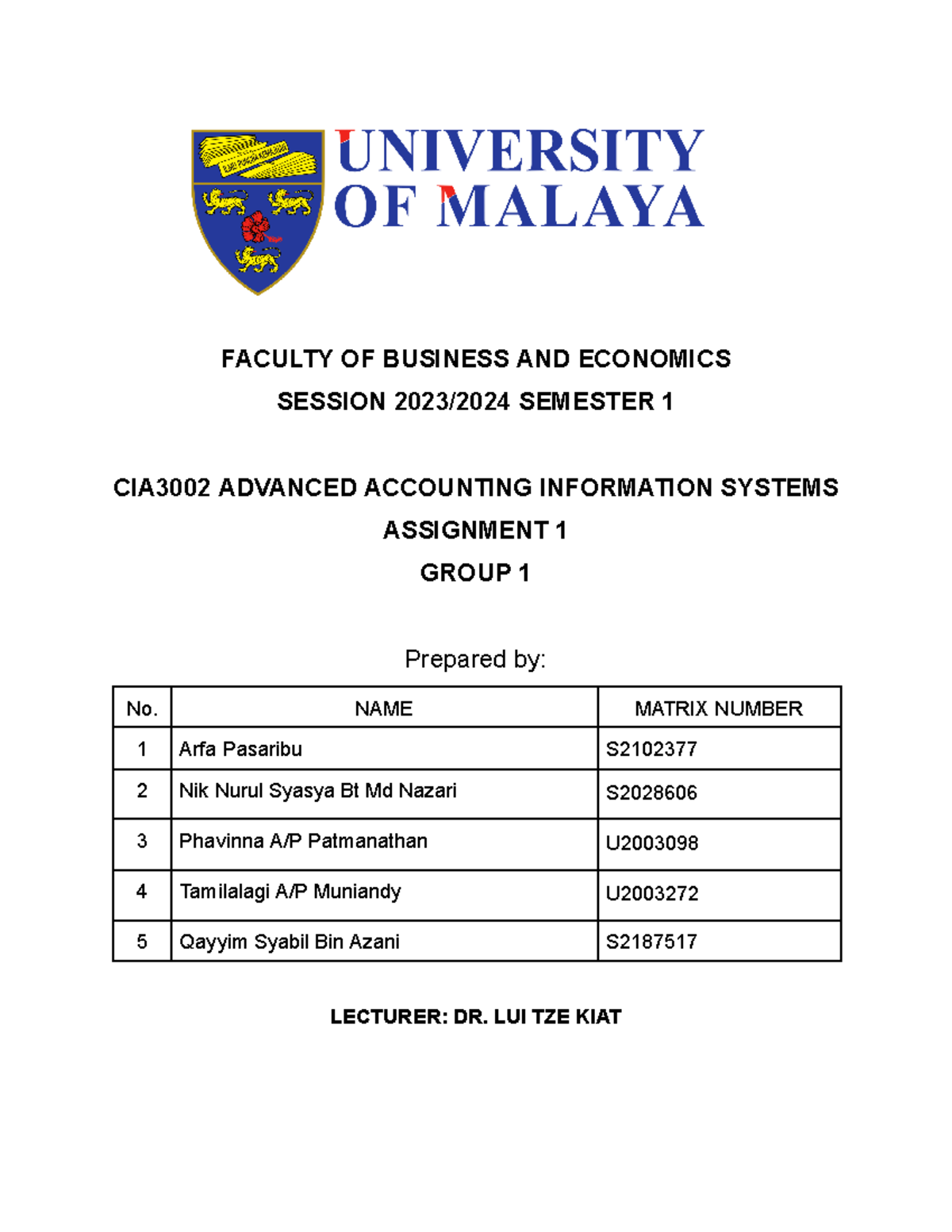 CIA 3002 Group 1 Assignment Report - FACULTY OF BUSINESS AND ECONOMICS ...