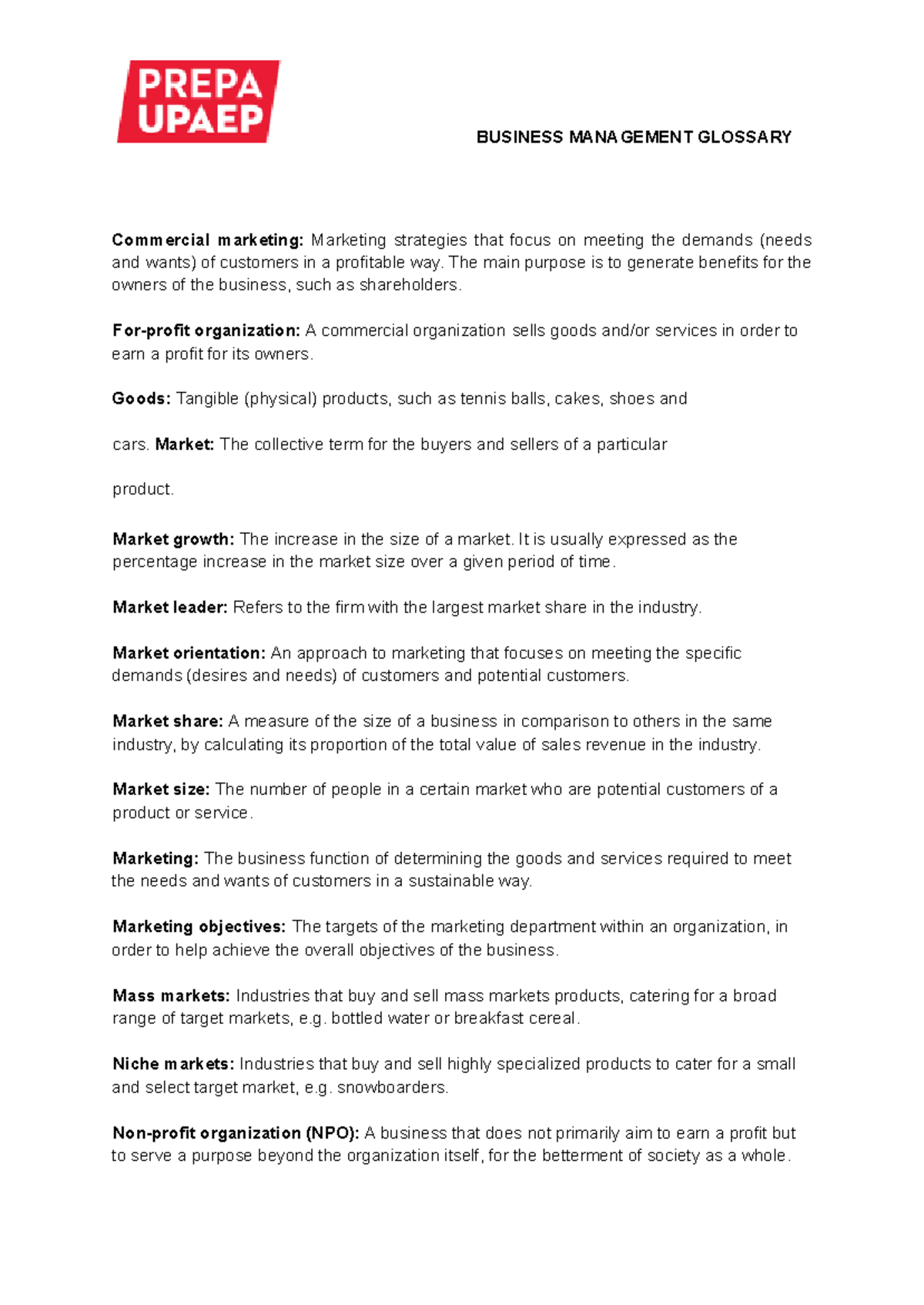 BUSINESS MANAGEMENT GLOSSARY: Key Terms and Concepts for UNIT 4 - Studocu