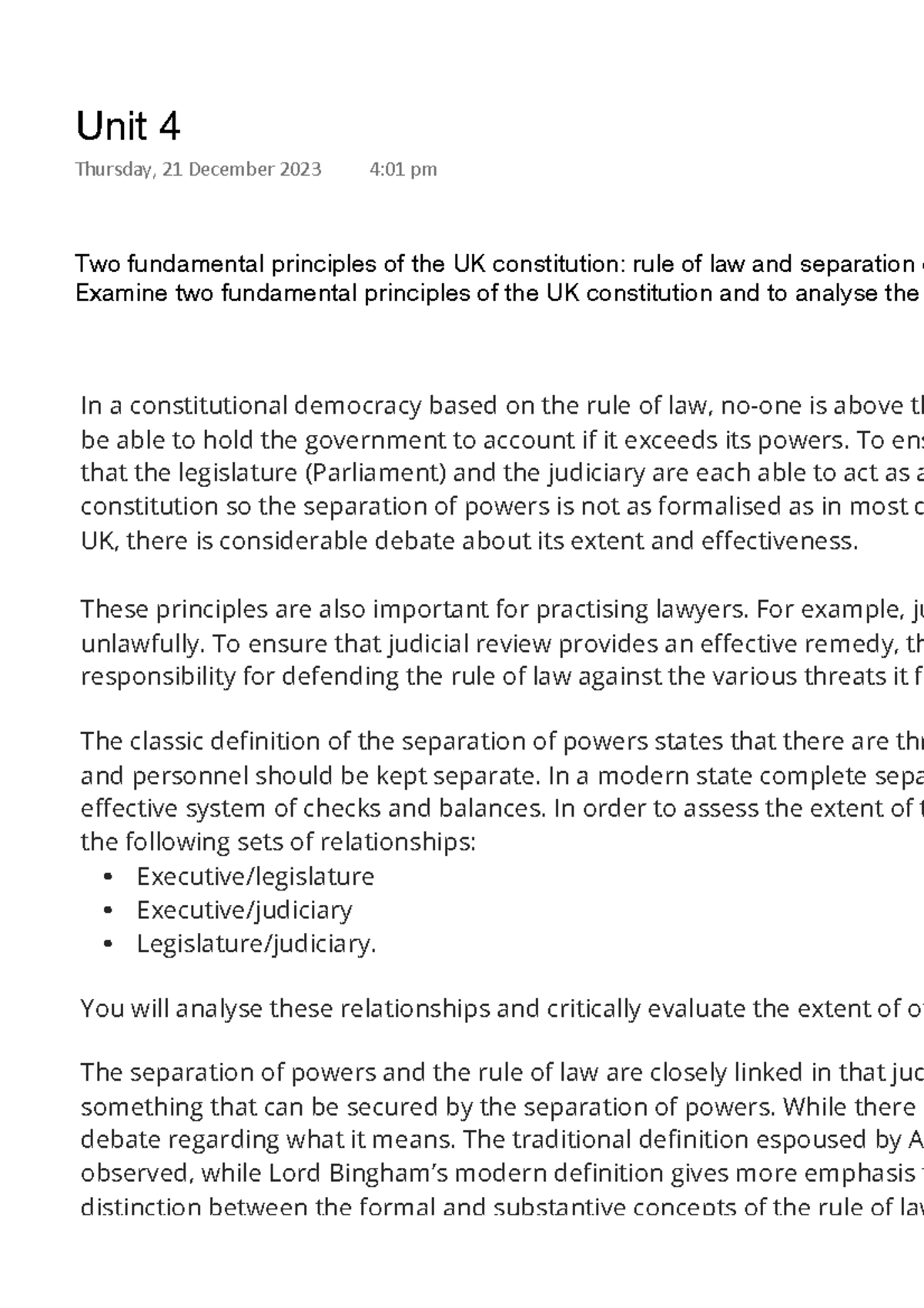 Unit 4: Analysis of Rule of Law and Separation of Powers in UK ...