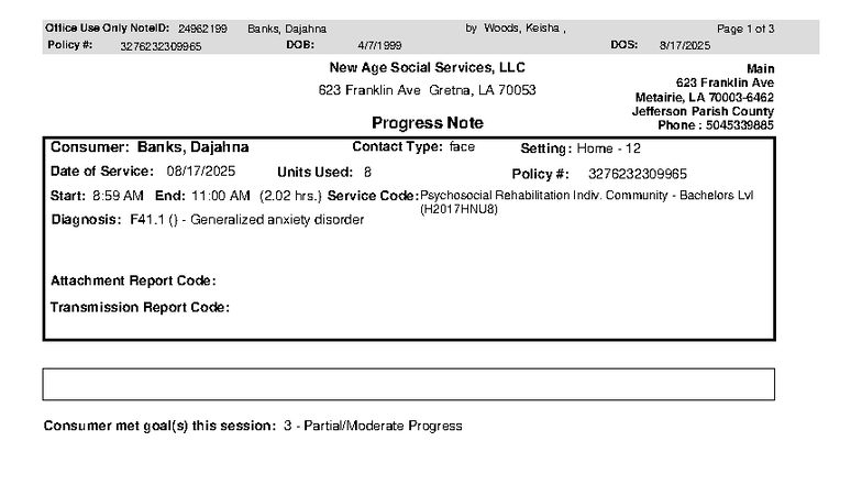 Progress Note for Dajahna Banks - Policy 3276232309965 - Studocu