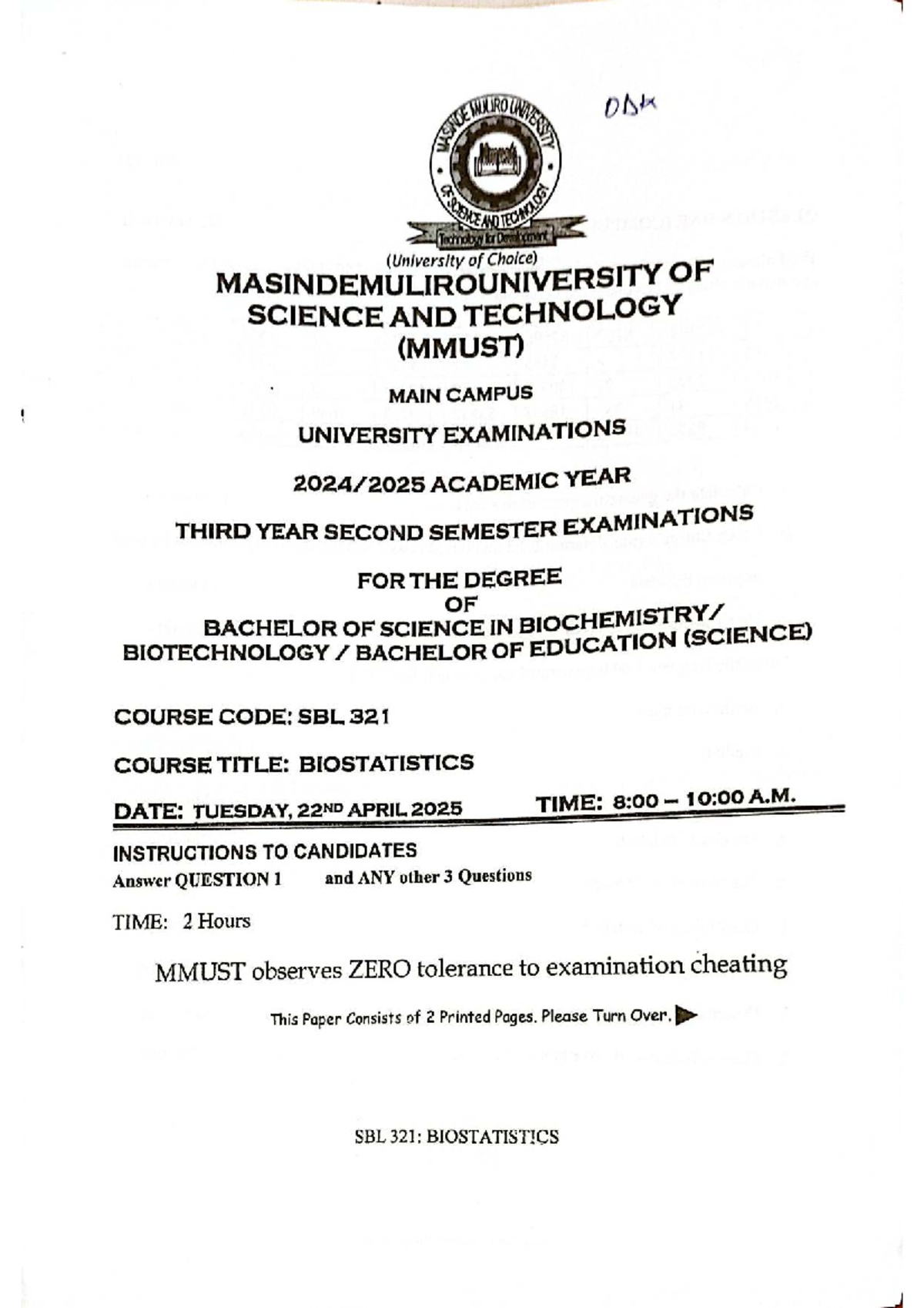 SBL 321: BIOSTATISTICS FINAL EXAMINATION PAPER 2025 - Studocu