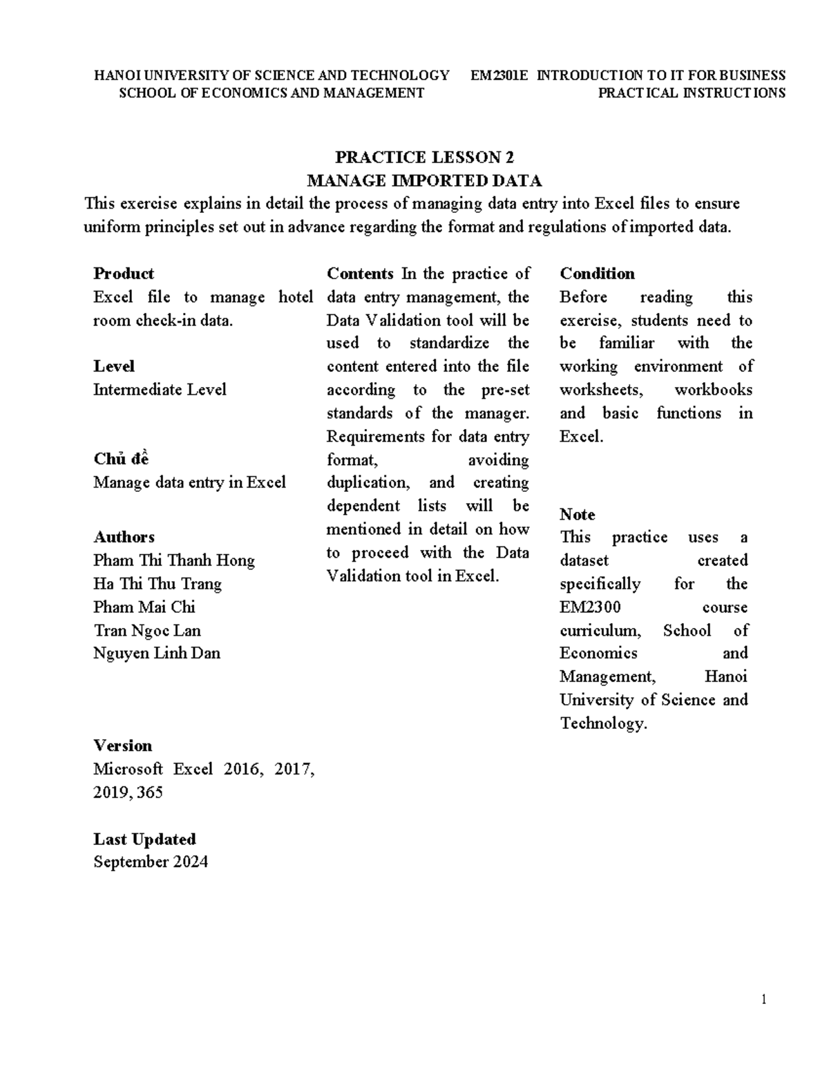 EM2301E Practical Instructions: Managing Imported Data in Excel - Studocu