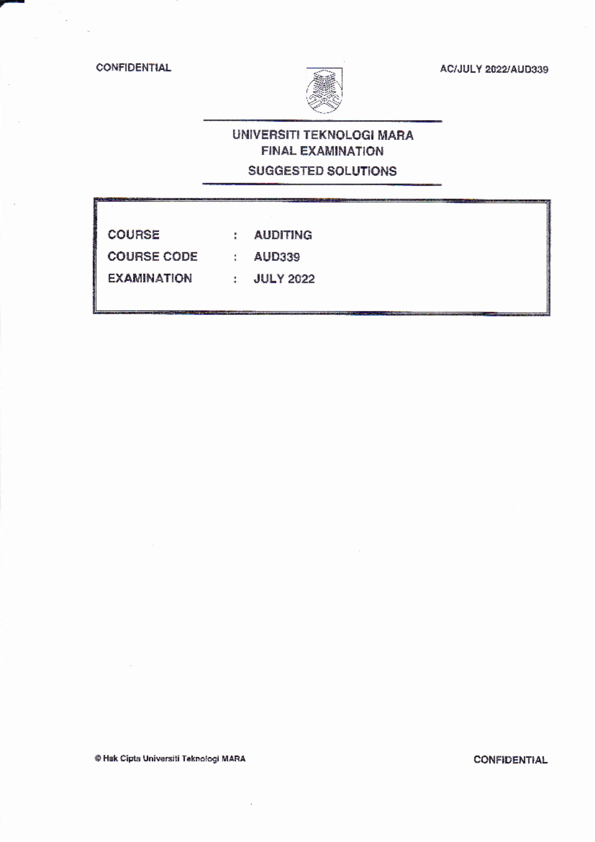 Final Exam Suggested Solutions for AUD339 - July 2022 - Studocu