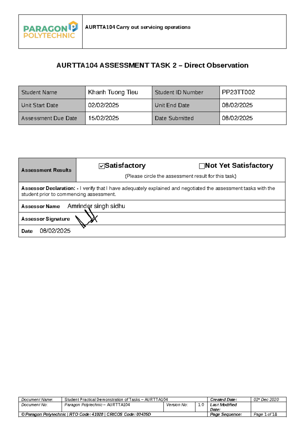AURTTA104 Assessment 2: Direct Observation & Student Checklist - Studocu