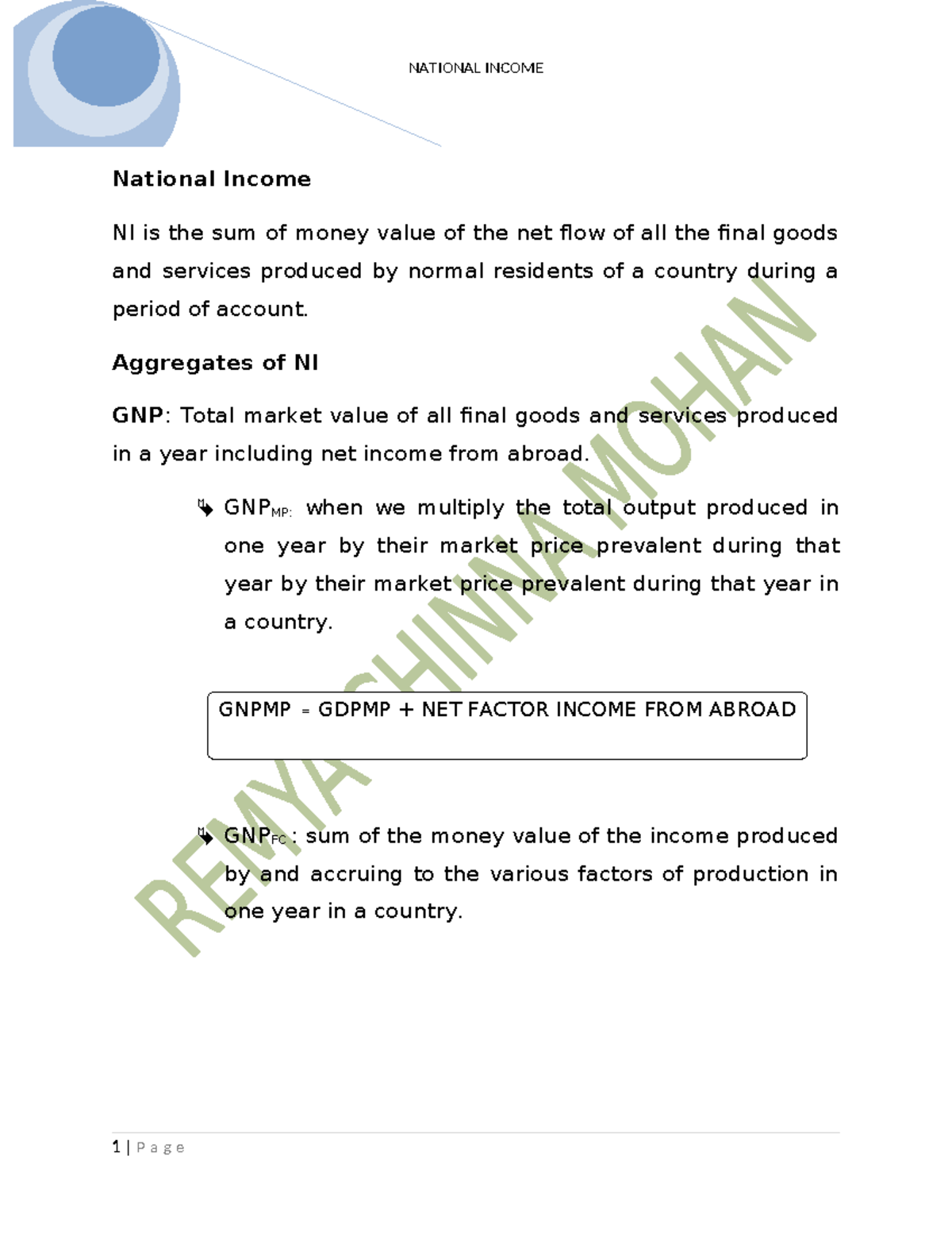 National Income Overview: Key Concepts and Formulas - Studocu