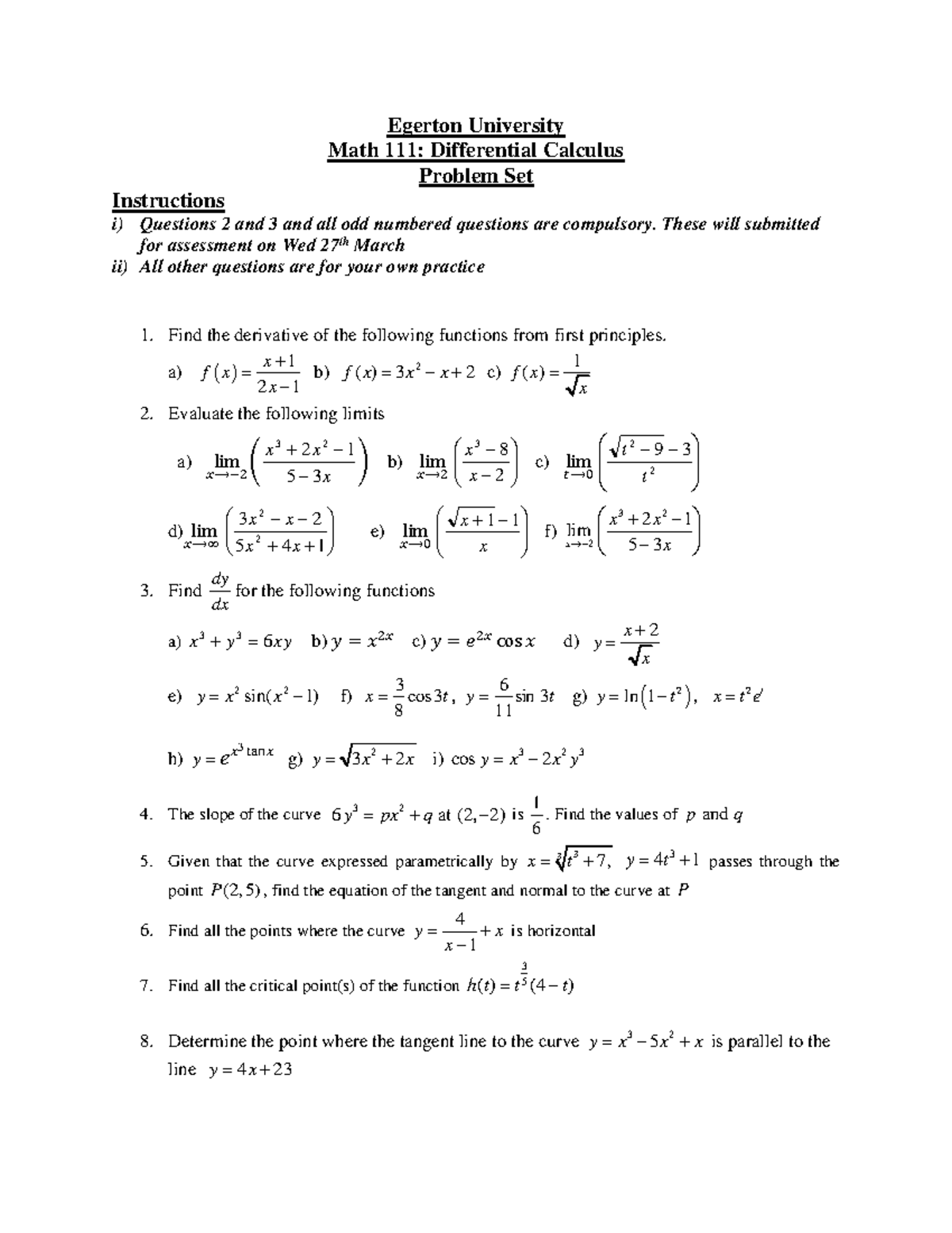 Math 111 Problem Set: Differential Calculus Exam Questions and ...