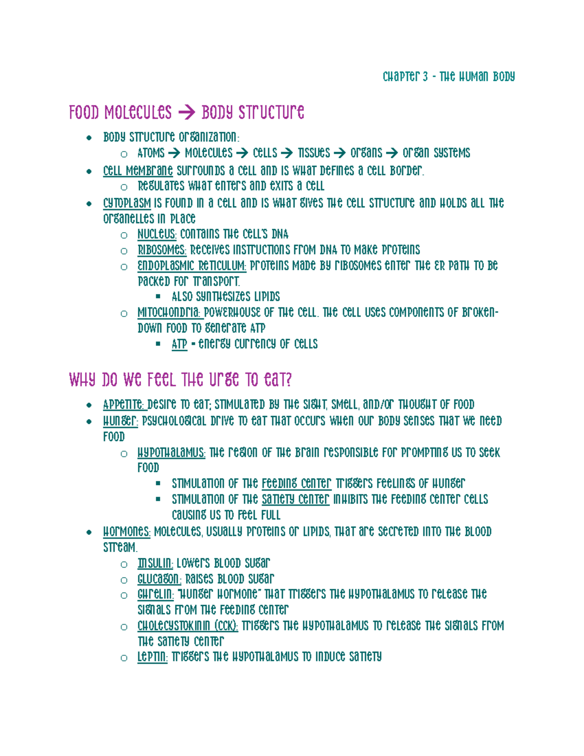 Chapter 3 Notes - The Human Body Overview - ND 330 - Studocu