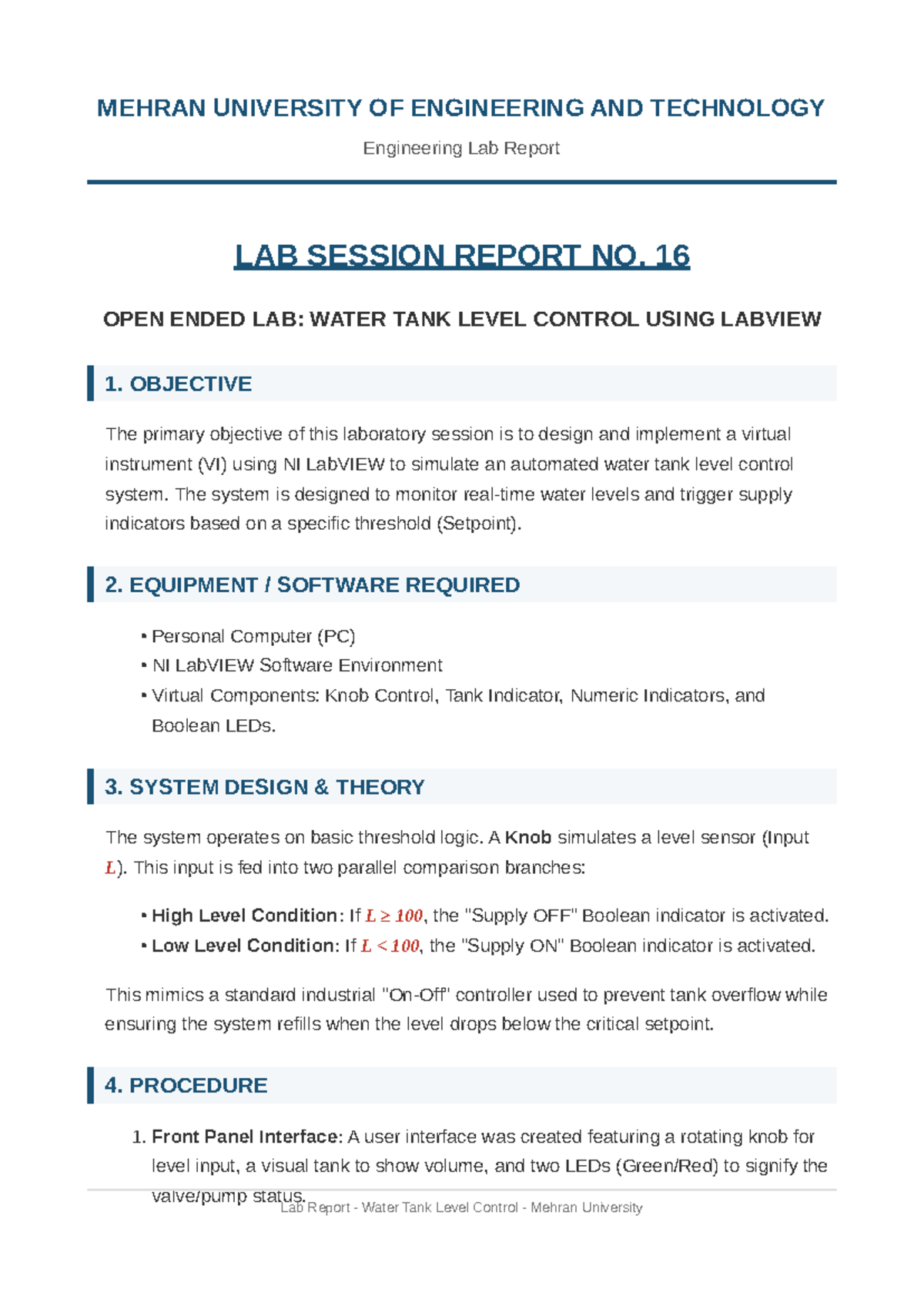 MEHRAN UNIVERSITY Engineering Lab Report: Water Tank Level Control ...