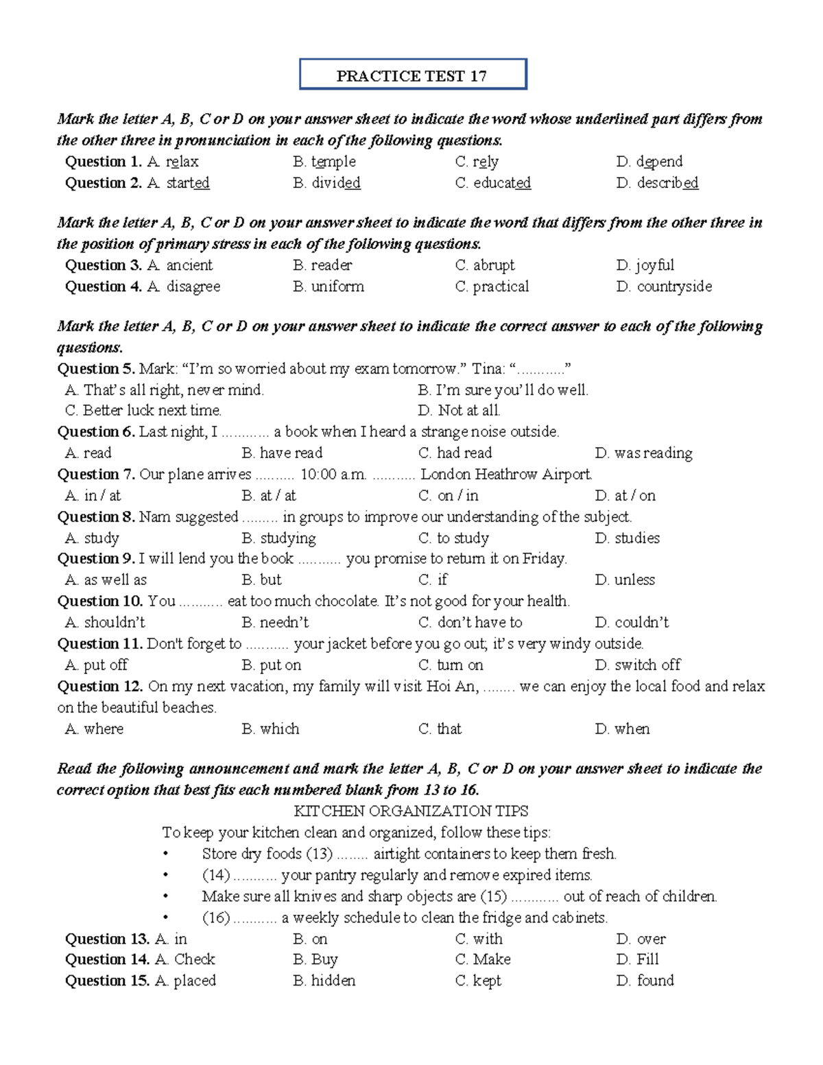 PRACTICE TEST 17: Pronunciation & Stress Questions with Answers - Studocu